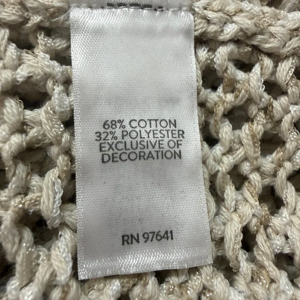 J Jill Open Crochet Knit Hooded Fringe Beige Cardigan Boho Hippie L - Picture 9 of 10